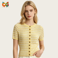 Cárdigan de punto de manga corta a rayas con ribete festoneado para mujer CG Custom, top de punto corto calado con ajuste ceñido a la cintura y diseño hueco.