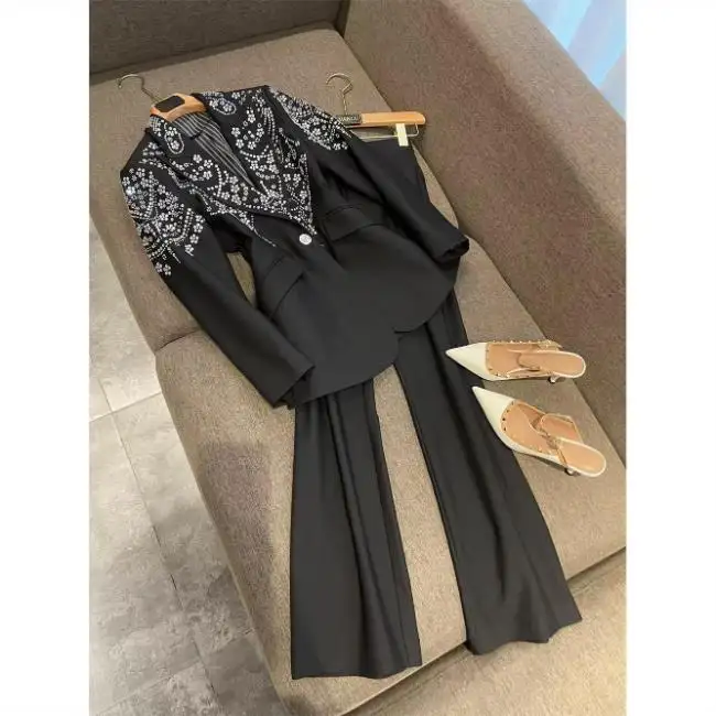 Spring Outfits Lady Women's Workwear Set Rhinestone Beaded Blazers Suit Pants Two Piece Set Office Lady Business Uniform