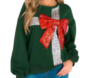 <strong>Ladies</strong> <strong>Christmas</strong> Gift Box Sequin Bow <strong>Sweatshirt</strong> - Product Image 1