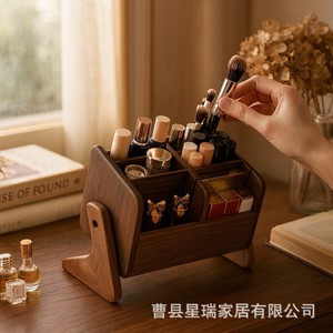 Solid Wood Cosmetic Organizer With Drawers <b>Makeup</b> Storage Rack Desktop Vanity Holder For Lipstick Brush Eyeshadow - Product Image 5