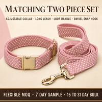 Collier pour chien personnalisé en polyester rose poudré à pois avec boucle métallique et laisse longue assortie pour l'habillage quotidien de votre animal de compagnie
