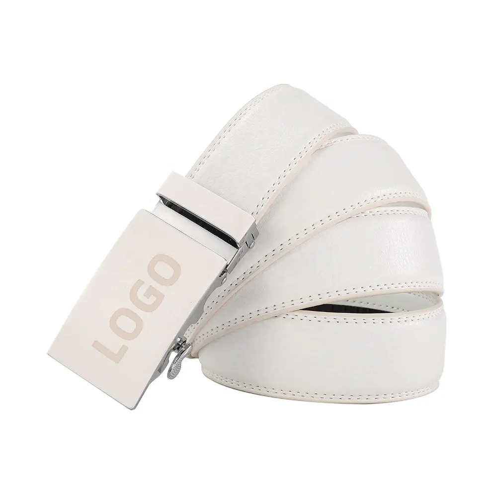 Ceintures en cuir véritable automatiques blanches à la mode avec logo personnalisé pour hommes, ceinture réglable en cuir de grain supérieur de cowboy blanc décontracté de golf