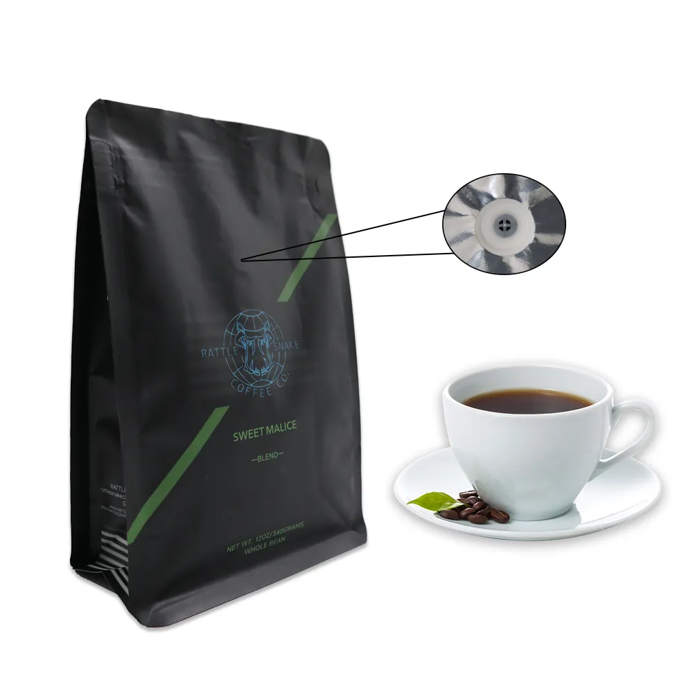 Bolsas de café negras biodegradables con válvula y cremallera Embalaje de papel personalizado Bolsa de granos de café de fondo plano 250gr 250g