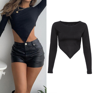 2021 À la Mode à la mode À Manches Longues Haut Chic Ourlet Irrégulier Tricot Sexy Femmes Crop Top - Product Image 1