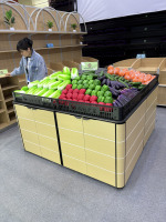 Dubbelzijdige houten en roestvrijstalen fruitpresentatiestand voor supermarkten