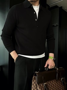Camisa Polo de Malha Fina e Gola Alta para Homens, Manga Longa, Top de Suéter de Tecido Personalizado e Luxuoso, Ideal para Primavera e Outono - Product Image 2