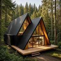 Maison modulaire contemporaine en conteneur avec structure en acier, grandes portes vitrées et plateforme sur le toit