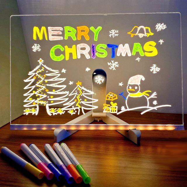 LED Message Board 7 Color Pen/Stand Luminous Acrylic Dry Erase Board Mini Lamp Rechargeable Battery Lighted Note Pad Desk Notes