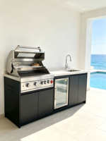 Évier de cuisine extérieur compact moderne en acier inoxydable 304 noir, réfrigérateur, barbecue au gaz, design écologique