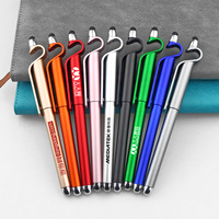Stylo publicitaire multifonctionnel 3-en-1 en plastique avec support de téléphone, encre bleue, pointe gel 0,5 mm, logo personnalisé, pour bureau et école, noir