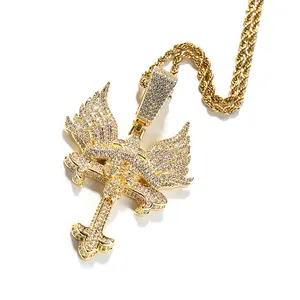 WHOLESALES FASHION JEWELRY iced brass pendant necklace 18k gold big angle wings for custums