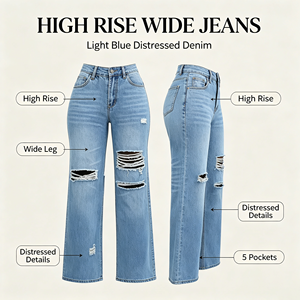 High Waist Ripped Wide Leg <strong>Jeans</strong> <strong>Women</strong> Distressed Slimming Stretchy Denim Pants Wholesale Factory - Product Image 5