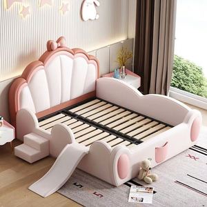 Castle <b>Slide</b> Kids <b>Bed</b> with Pink Bow Design Solid Wood Frame & Safety Guardrails for Girls Playful Princess Theme - Product Image 2