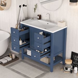 Meuble de salle de bain Db 36 en bois massif avec lavabo en céramique, un placard, trois tiroirs, style traditionnel, finition peinte en bleu - Product Image 4