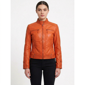 Chaqueta Moto de Cuero Genuino Naranja para Mujer al por Mayor, Cortavientos, Ecológica, Ajustada, con Cuello Mandarín, Cremallera Completa Personalizada, Ligera - Product Image 1
