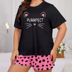 Ensemble de pyjama pour femmes avec imprimé chat mignon, <span class=keywords><strong>taille</strong></span> plus, imprimé lettres de dessin animé, manches courtes avec shorts, vêtements de nuit été, vêtements de détente - Product Image 3