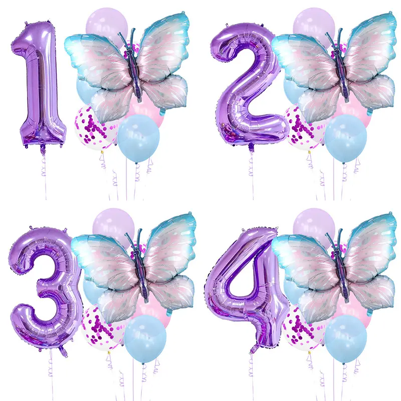 32 Inch Purple Number Animal Butterfly Foil Helium Balloons De Globos For Party Decorations Birthday Latex Balloon Set