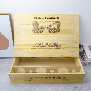 Boîte à vin en bois de pin rectangulaire faite à la main avec couvercle rabattable pour 6 bouteilles, étui de rangement pour boissons - Product Image 4