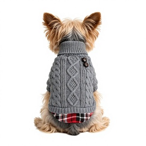 Classic Cable Knit Turtleneck Dog Sweater, Warm Gray Pet <strong>Jumper</strong> with Red Plaid Hem, Winter Dog Clothes for Small Medium Dogs - Product Image 1