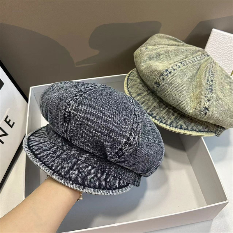 Washed Old Denim Short Octagonal Hat for Women Spring and Autumn Sun protection Net Celebrity Cloud Hat Fashion Hat