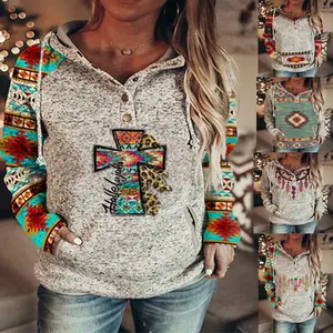 Sudadera con capucha con estampado geométrico para mujer, Jersey personalizado de estilo étnico con cuello redondo azteca, Otoño e Invierno