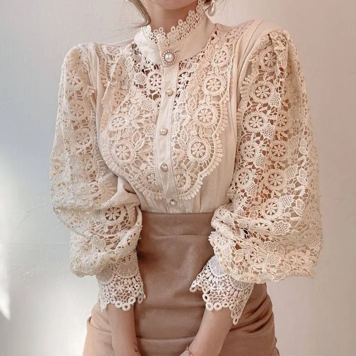 Nieuwe Collectie Lente Casual Vrouwen Lace Blouse Shirts Stand Kraag Lange Mouwen Button Up Dames Blouse Tops