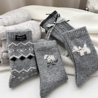 Chaussettes pour chiot de dessin animé pour femme avec nœud, chaussettes en laine grises, polyvalentes et chaudes, chaussettes épaisses mi-mollet pour l'hiver