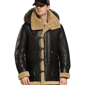 Giacca da <span class=keywords><strong>uomo</strong></span> calda in pelle di pecora con pelliccia, giacca bomber B-3 in vera pelle con cappuccio - Product Image 1