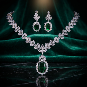 Ensemble collier et boucles d'oreilles pour femme en argent plaqué, avec zircon vert ovale et motif floral en cristal, pour mariage, bijoux classiques - Product Image 2