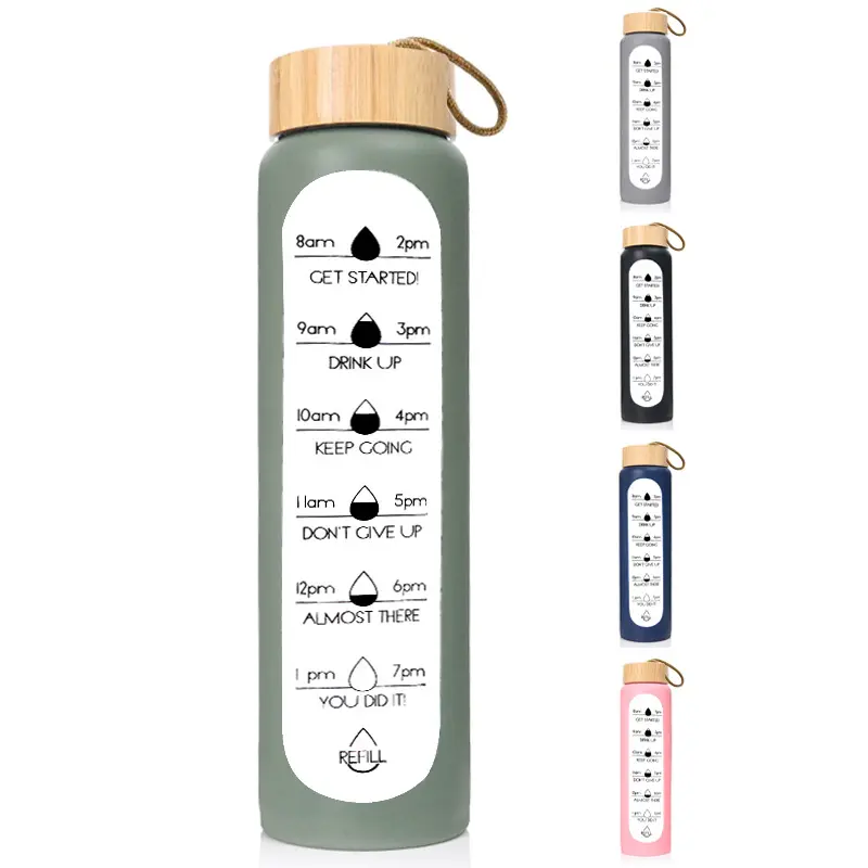 Venta caliente marcador de tiempo motivacional personalizado 1000ml 32oz botella de agua de vidrio con funda de silicona taza de vidrio minimalista Drinkware