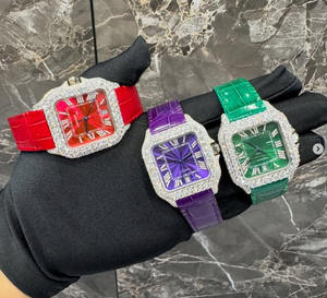 Luxury & Fashion Unisex Style Fully Ice Out & Green Leather Banding 20mm Pointer High Quality Automatic <b>Real</b> Moissanite Watch - Product Image 5