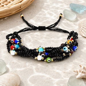 Pulsera Go2boho con Cuentas <span class=keywords><strong>de</strong></span> Vidrio Facetado Negro, Cuentas <span class=keywords><strong>de</strong></span> Ojo Turco, Chapado en Oro <span class=keywords><strong>de</strong></span> 18K, Ajustable, Regalo Bohemio - Product Image 4