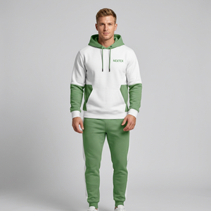 Survêtement à capuche pour homme, blanc et vert, décontracté, manches longues, en polyester et coton, de bonne qualité et confortable - Product Image 1