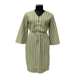 Women's <b>Green</b> Herringbone V-Neck <b>Lace</b>-Up Midi Dress Three Quarter Sleeve Casual Loose Fit Spring Summer Cotton Bamboo Fiber - Product Image 1