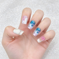 Ongles press-on en marbre bleu rose, ongles courts carrés brillants dégradés, ongles acryliques réutilisables