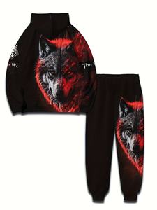 Completo Casual da Uomo con Felpa con Cappuccio e Pantaloni Jogger, Stampa <span class=keywords><strong>Lupo</strong></span> Bianco e <span class=keywords><strong>Nero</strong></span>, 100% Poliestere Traspirante, Vestibilità Regolare Leggermente Elasticizzata - Product Image 3