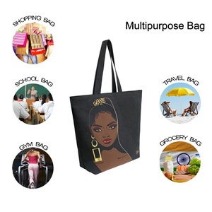 Hot Sales Custom African Black Girl Print Reusable Shoulder Handbag Casual <b>Large</b> <b>Canvas</b> Shopping Tote <b>Bag</b> - Product Image 5