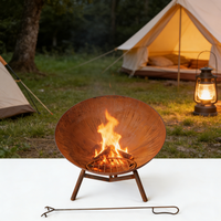 Brasero rond en fer avec pieds trépieds, grille de ventilation et pique-foyer pour patio extérieur, jardin et camping