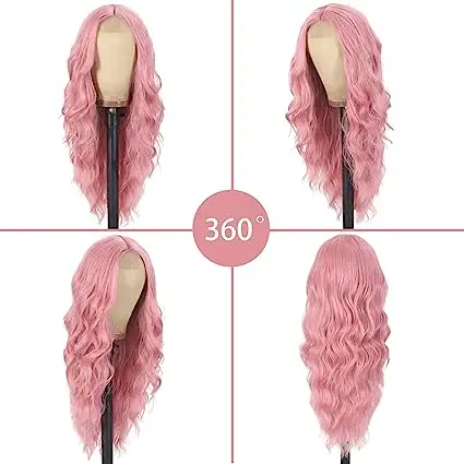 Pink 26inch Long Wavy Perucas Parte média Peruca encaracolada Natural resistente ao calor fibra perucas sintéticas para as mulheres uso diário