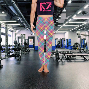 Leggings de cintura alta transpirables para mujer con logo personalizado, estampado a cuadros, doble cepillado, con costuras, control de abdomen y efecto fruncido para entrenamiento. - Product Image 2