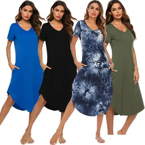 FuYu Chemises de nuit pour femmes Pyjamas Col en V Vêtements de nuit souples Chemise de nuit longue Soutien Automne Articles en stock Printemps