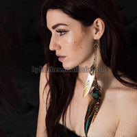 Boucles d'oreilles créoles pendantes personnalisables en gros, style bohème vintage fait main, avec longues pampilles et plumes véritables, pour femmes