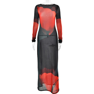 Vestido largo con cuello redondo y estampado de estilo europeo y americano, de manga larga y capa transparente, ideal para discoteca. - Product Image 5