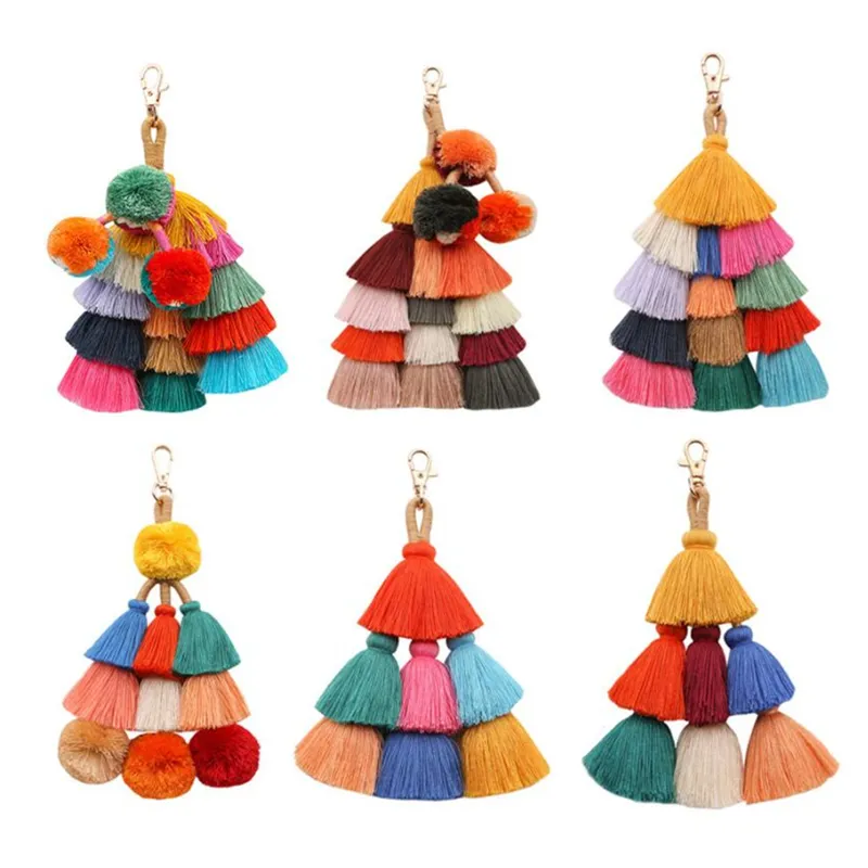 2024 Colorful Handmade Boho Pom Pom Bag Pendant DecoratIve Keyring Cute Rainbow Bohemian Charm Pompom Key Chain Tassel Keychain