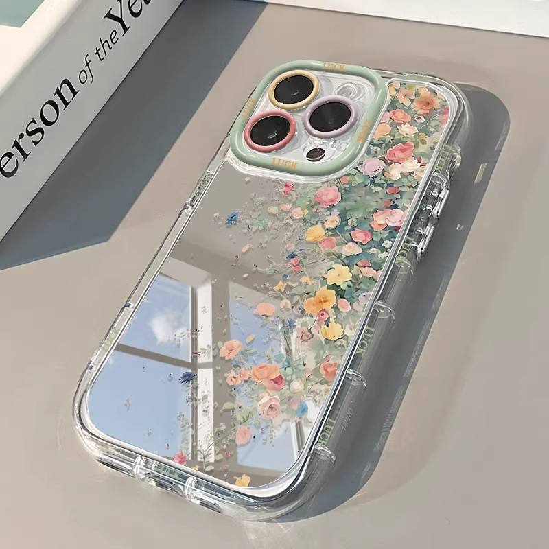 Concha de crema esmaltada con espejo - Flores coloridas