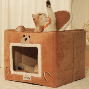 منزل كلب من الصوف القطني بيوميتك بنمط دب ناعم مستطيلي قابل للغسل مع فتحة سقف تحت صوفي - Product Image 1