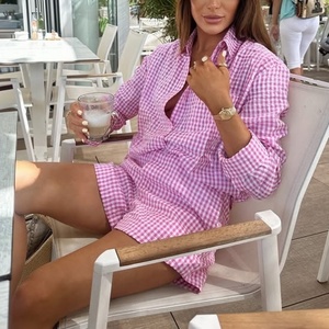 Conjunto de Camisa y Pantalones Cortos de Manga Larga con Estampado a Cuadros 100% Algodón para Mujer, Transpirable, Primavera-Verano, Venta al Por Mayor - Product Image 1