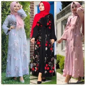 Kaftan Abaya Vrouwen Moslim Midden-oosten Etnische Abaya Islamitische Elegante Kleding Bloem Borduren Turkije Jurken