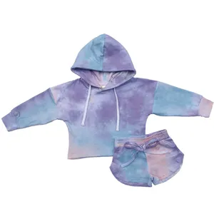 Grosir setelan baju bayi 2 potong anak-anak uniseks musim panas setelan olahraga kasual anak-anak setelan baju bayi perempuan hoodie ikat celup set kain pendek