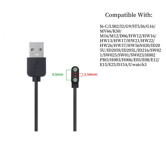 USB 2.0 Magnetic Pogo Pin Charger 2 Pin 2.54mm Charging Cable Cord with PVC/TPE Jacket for LS02 Smart Watch